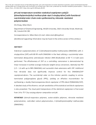 pH and temperature-sensitive statistical copolymers poly[2-(dimethylamino)ethyl methacrylate-stat-2-vinylpyridine] with functional succinimidyl-ester chain ends synthesized by nitroxide mediated polymerization thumbnail