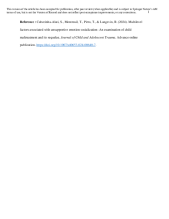 Multilevel Factors Associated with Unsupportive Emotion Socialization: An Examination of Child Maltreatment and its Sequelae thumbnail