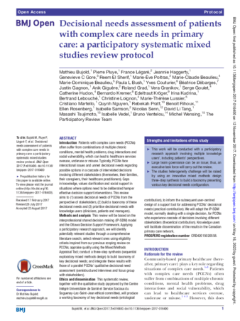 Decisional needs assessment of patients with complex care needs in primary care: a participatory systematic mixed studies review protocol thumbnail