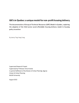 GRTs in Quebec: a unique model for non-profit housing delivery: The documentation of Group of Technical Resources (GRT) Model in Quebec, exploring the adaption of the third sector social affordable housing delivery model in housing policy transition thumbnail