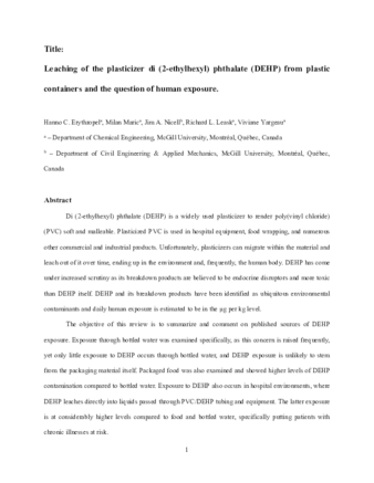 Leaching of the plasticizer di(2-ethylhexyl)phthlate (DEHP) from plastic containers and the question of human exposure thumbnail