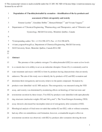 Degradation of 17α-ethinylestradiol by ozonation – Identification of the by-products and assessment of their estrogenicity and toxicity thumbnail