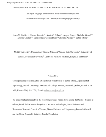 Bilingual language experience as a multidimensional spectrum: Associations with objective and subjective language proficiency thumbnail