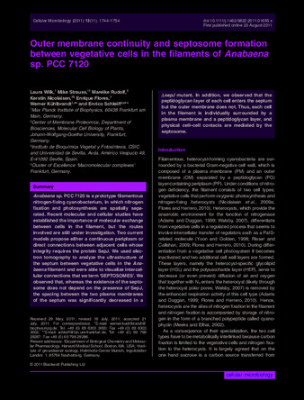 Outer membrane continuity and septosome formation between vegetative cells in the filaments of Anabaena sp. PCC 7120 thumbnail