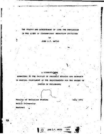 The status and achievement of Luke the theologian in the light of contemporary redaction criticism / thumbnail