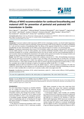 Efficacy of WHO recommendation for continued breastfeeding and maternal cART for prevention of perinatal and postnatal HIV transmission in Zambia thumbnail