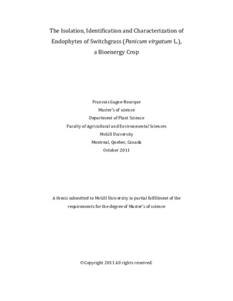 The isolation, identification and characterization of endophytes of the bioenergy crop switchgrass thumbnail