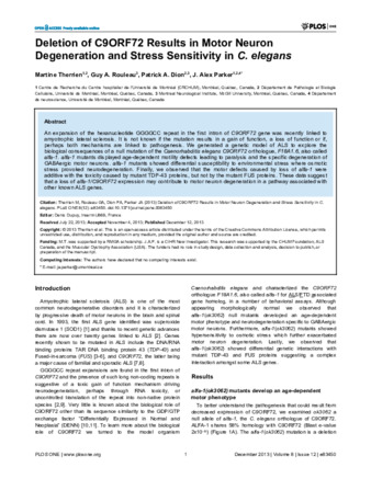 Deletion of C9ORF72 Results in Motor Neuron Degeneration and Stress Sensitivity in C. elegans thumbnail