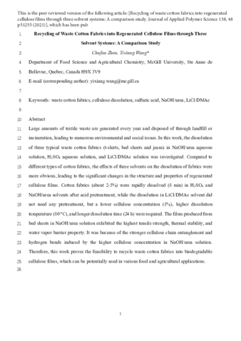Recycling of waste cotton fabrics into regenerated cellulose films through three solvent systems: A comparison study thumbnail