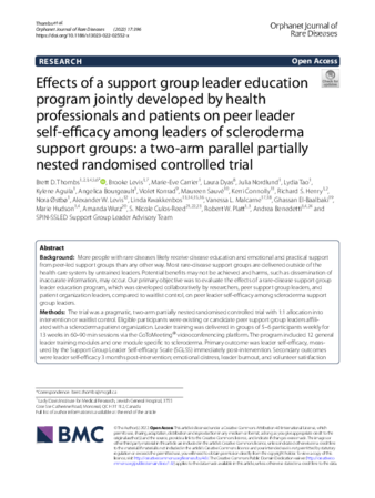 Effects of a support group leader education program jointly developed by health professionals and patients on peer leader self-efficacy among leaders of scleroderma support groups: a two-arm parallel partially nested randomised controlled trial thumbnail