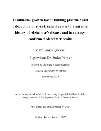Insulin-like growth factor binding protein-2 and osteopontin in at-risk individuals with a parental history of Alzheimer’s disease and in autopsy-confirmed Alzheimer brains thumbnail