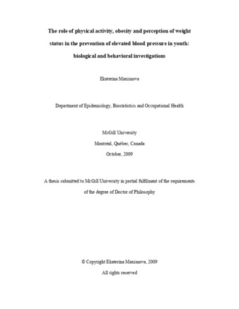 The role of physical activity, obesity and perception of weight status in the prevention of elevated blood pressure in youth: biological and behavioral investigations thumbnail