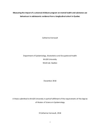 Measuring the impact of universal childcare program on mental health and substance use behaviours in adolescents: evidence from a longitudinal cohort in Quebec thumbnail