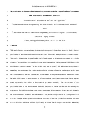 Determination of the Synergism/Antagonism Parameters during Co-gasification of Potassium-Rich Biomass with Non-biomass Feedstock thumbnail