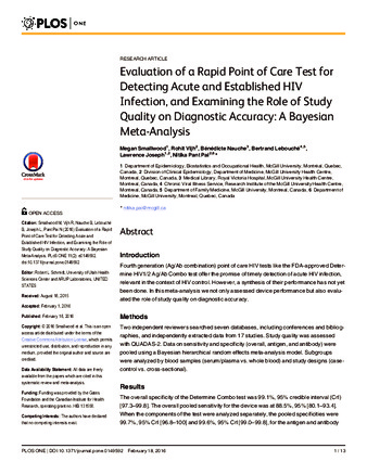 Evaluation of a Rapid Point of Care Test for Detecting Acute and Established HIV Infection, and Examining the Role of Study Quality on Diagnostic Accuracy: A Bayesian Meta-Analysis thumbnail