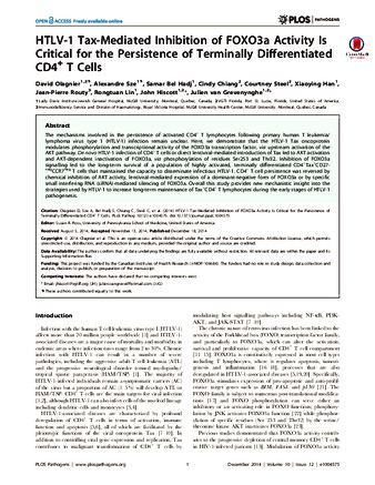 HTLV-1 Tax-Mediated Inhibition of FOXO3a Activity Is Critical for the Persistence of Terminally Differentiated CD4+ T Cells thumbnail