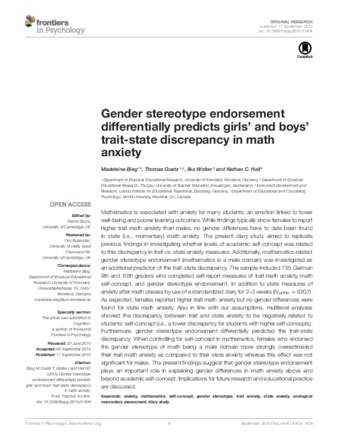 Gender stereotype endorsement differentially predicts girls' and boys' trait-state discrepancy in math anxiety thumbnail