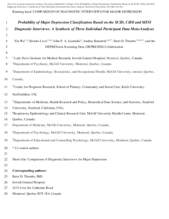 Probability of Major Depression Classification Based on the SCID, CIDI, and MINI Diagnostic Interviews: A Synthesis of Three Individual Participant Data Meta-Analyses thumbnail