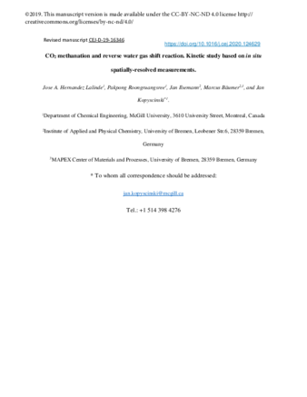 CO2 methanation and reverse water gas shift reaction. Kinetic study based on in situ spatially-resolved measurements thumbnail