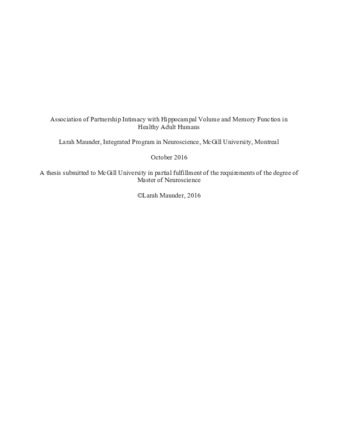 Association of partnership intimacy with hippocampal volume and memory Function in healthy adult humans thumbnail