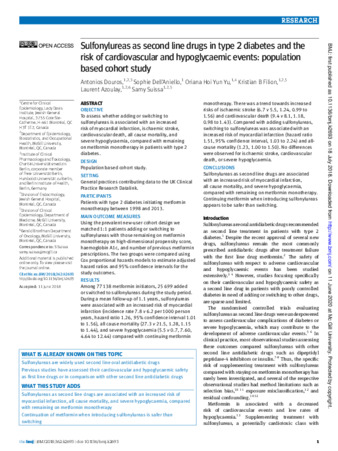 Sulfonylureas as second line drugs in type 2 diabetes and the risk of cardiovascular and hypoglycaemic events: population based cohort study thumbnail