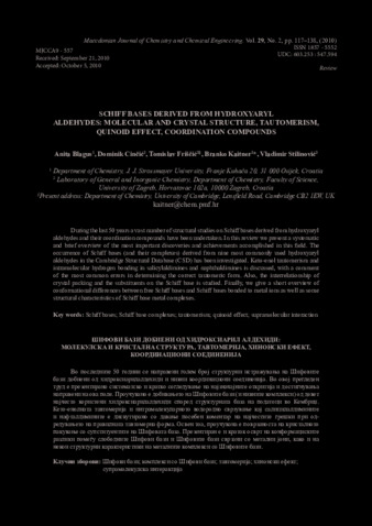 Schiff bases derived from hydroxyaryl aldehydes: molecular and crystal structure, tautomerism, quinoid effect, coordination compounds thumbnail