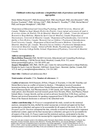 Childhood restless legs syndrome: A longitudinal study of prevalence and familial aggregation thumbnail