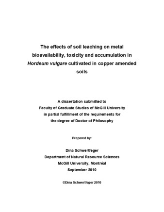 The effects of soil leaching on metal bioavailability, toxicity and bioaccumulation in «hordeum vulgare» cultivated in copper amended soils thumbnail