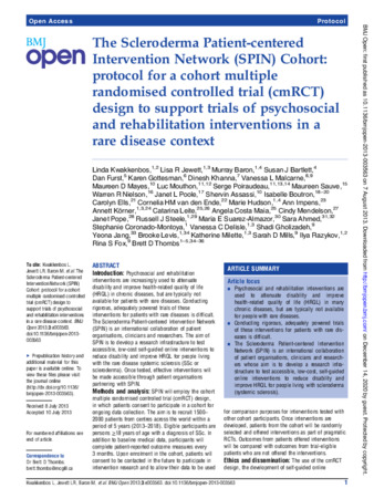 The Scleroderma Patient-centered Intervention Network (SPIN) Cohort: protocol for a cohort multiple randomised controlled trial (cmRCT) design to support trials of psychosocial and rehabilitation interventions in a rare disease context thumbnail
