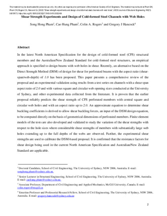 Shear Strength Experiments and Design of Cold-Formed Steel Channels with Web Holes thumbnail