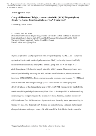 Compatibilization of Poly(styrene-acrylonitrile) (SAN)/ Poly(ethylene) Blends via Amine Functionalization of SAN Chain Ends thumbnail