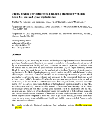 Highly flexible polylactide food packaging plasticized with non- toxic, bio-sourced glycerol plasticizers thumbnail