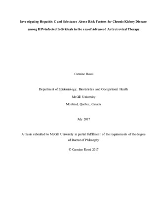 Investigating hepatitis C and substance abuse risk factors for chronic kidney disease among HIV-infected individuals in the era of advanced antiretroviral therapy thumbnail