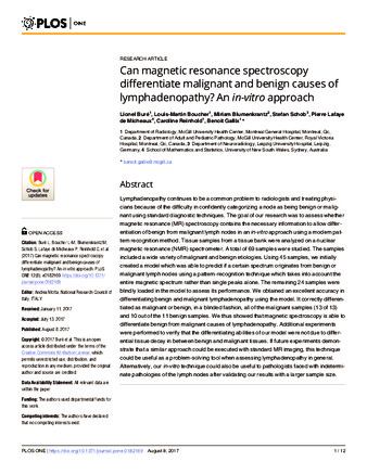 Can magnetic resonance spectroscopy differentiate malignant and benign causes of lymphadenopathy? An in-vitro approach thumbnail