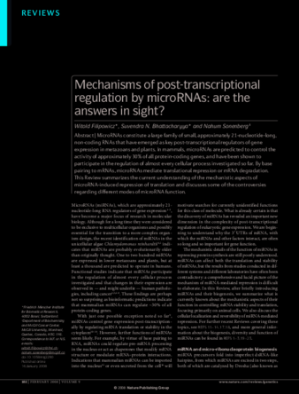 Mechanisms of post-transcriptional regulation by microRNAs: are the answers in sight? thumbnail