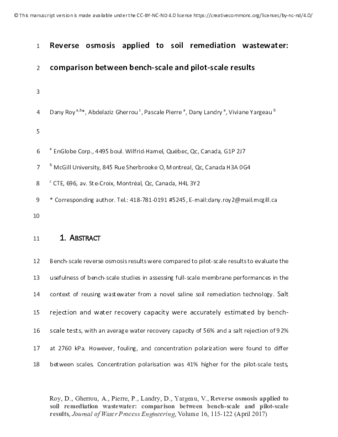 Reverse osmosis applied to soil remediation wastewater: Comparison between bench-scale and pilot-scale results thumbnail