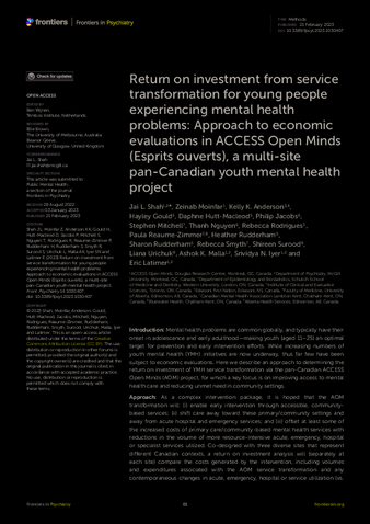 Return on investment from service transformation for young people experiencing mental health problems: Approach to economic evaluations in ACCESS Open Minds (Esprits ouverts), a multi-site pan-Canadian youth mental health project thumbnail