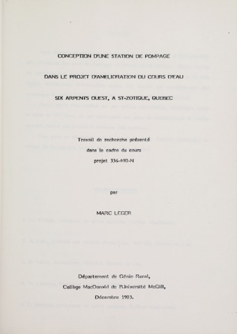 Conception d'une Station de Pompage Dans le Project d'Amelioration du Cours d'Eau Six Arpents Ouest, a St-Zotique, Quebec thumbnail
