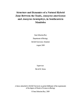 Structure and dynamics of a natural hybrid zone between the toads «Anaxyrus americanus» and «Anaxyrus hemiophrys», in Southeastern Manitoba thumbnail