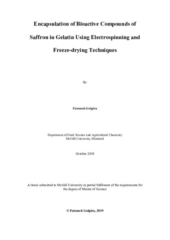 Encapsulation of bioactive compounds of saffron in gelatin using electrospinning and freeze-drying techniques thumbnail