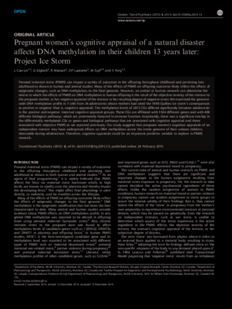 Pregnant women’s cognitive appraisal of a natural disaster affects DNA methylation in their children 13 years later: Project Ice Storm thumbnail