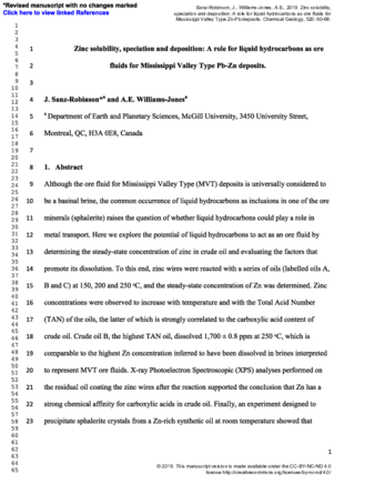 Zinc solubility, speciation and deposition: A role for liquid hydrocarbons as ore fluids for Mississippi Valley Type Zn-Pb deposits thumbnail