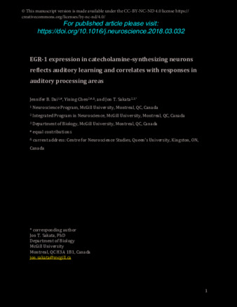 EGR-1	expression	in	catecholamine-synthesizing	neurons	 reflects	auditory learning and	correlates	with	responses in	 auditory	processing	areas thumbnail