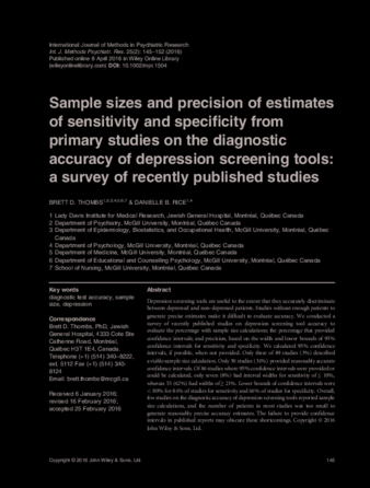 Sample sizes and precision of estimates of sensitivity and specificity from primary studies on the diagnostic accuracy of depression screening tools: a survey of recently published studies thumbnail