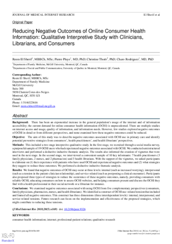 Reducing Negative Outcomes of Online Consumer Health Information: Qualitative Interpretive Study with Clinicians, Librarians, and Consumers thumbnail