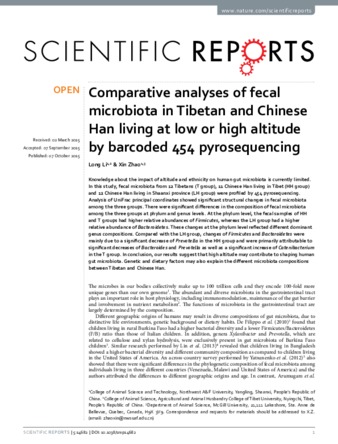 Comparative analyses of fecal microbiota in Tibetan and Chinese Han living at low or high altitude by barcoded 454 pyrosequencing thumbnail