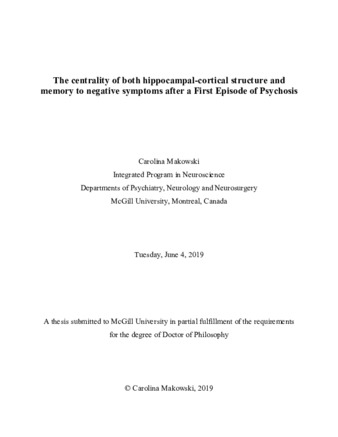 The centrality of both hippocampal-cortical structure and memory to negative symptoms after a first episode of psychosis thumbnail