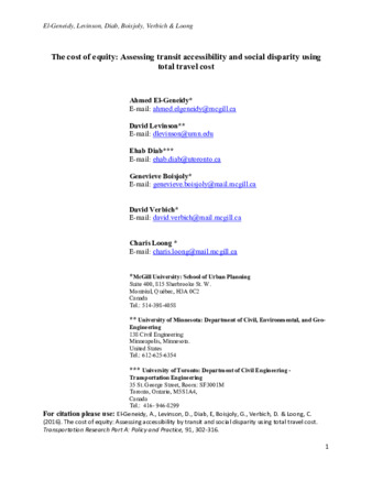 The cost of equity: Assessing transit accessibility and social disparity using total travel cost thumbnail