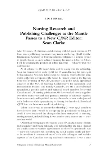 Nursing Research and Publishing Challenges as the Mantle Passes to a New CJNR Editor: Sean Clarke thumbnail