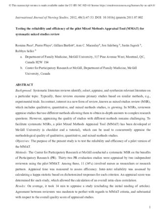 Testing the reliability and efficiency of the pilot Mixed Methods Appraisal Tool (MMAT) for systematic mixed studies review thumbnail